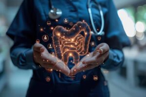 A healthcare professional in scrubs holds a glowing, digital representation of the human intestine, surrounded by health icons.