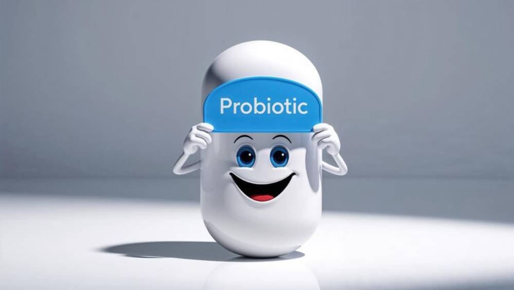 A cheerful cartoon probiotic capsule character holds a sign labeled 'Probiotic,' showcasing a friendly smile against a light background.