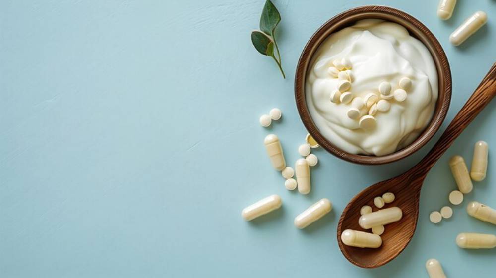 A wooden bowl of yogurt surrounded by dietary capsules and a wooden spoon on a light blue background, accentuated by a green leaf.