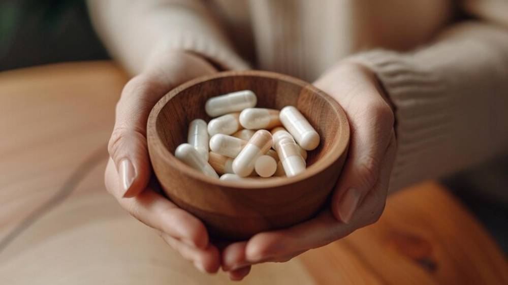 A person holds a wooden bowl filled with various white capsules, showcasing a focus on health and wellness.