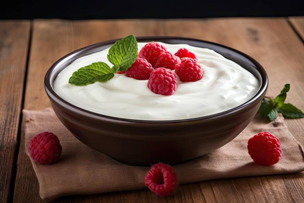 A bowl of creamy yogurt topped with fresh raspberries and mint leaves, resting on a wooden table.