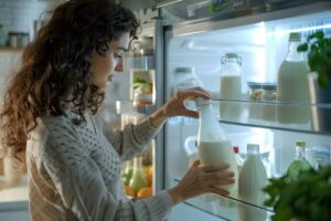 A person store a glass bottle of milk in a well-stocked refrigerator, surrounded by various food items and ingredients.