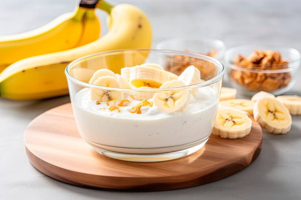 A bowl of yogurt topped with banana slices and granola, with fresh bananas in the background, set on a wooden board.
