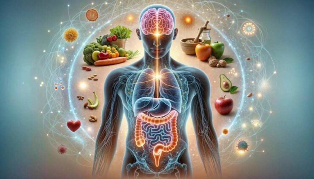 A semi-transparent human silhouette with highlighted internal organs surrounded by various fruits, vegetables, and microorganisms.