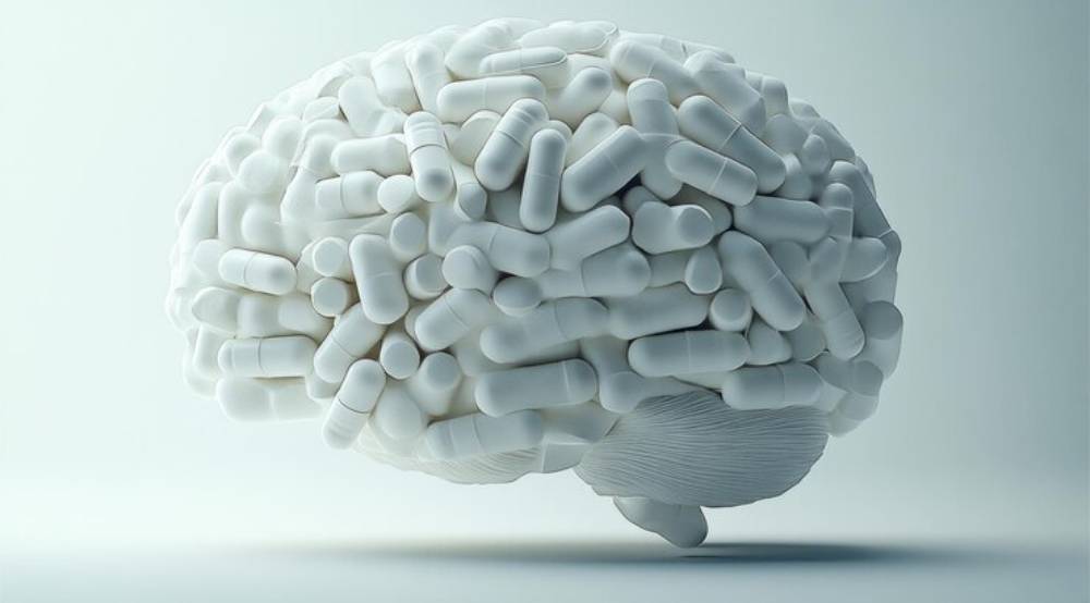 A white brain sculpture covered in numerous white capsules, symbolizing health, medication, or cognitive enhancement.