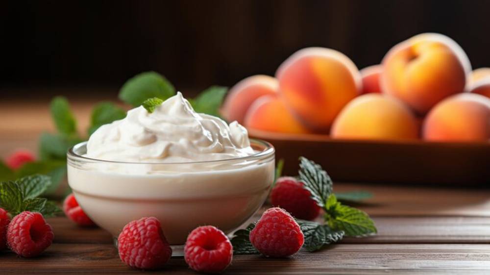 A creamy bowl of yoghourt topping surrounded by fresh raspberries and mint leaves, with ripe peaches in the background.
