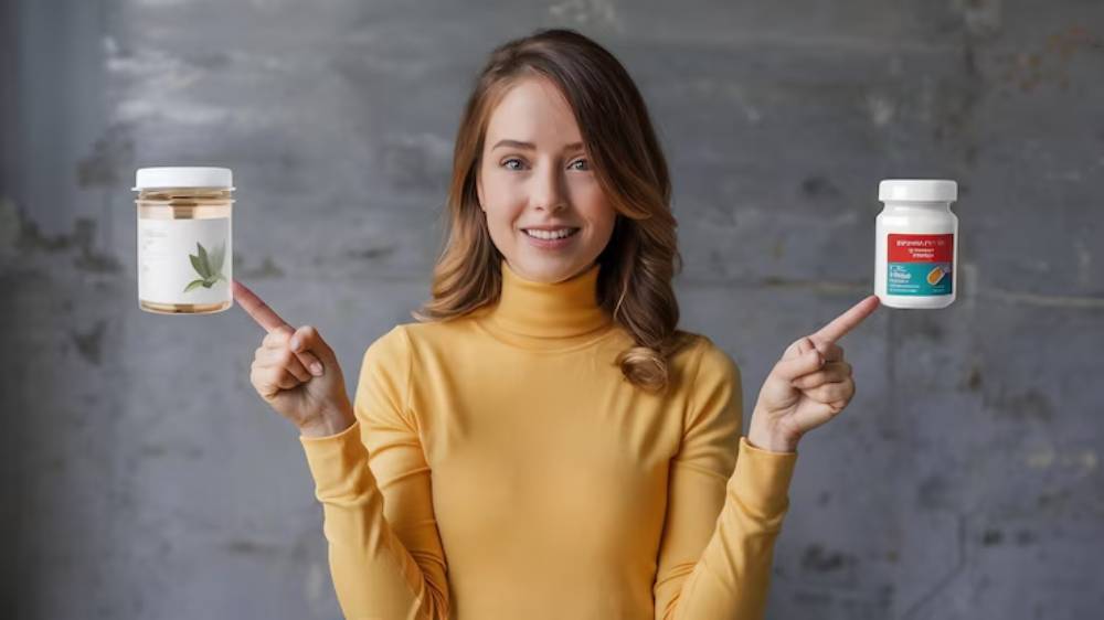 A woman in a yellow turtleneck pointing towards supplements from both hand