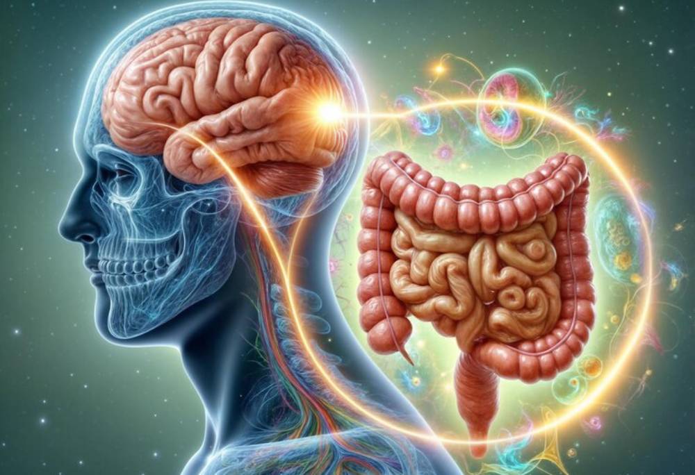 An artistic illustration depicting a brain connected to an intricate intestine, symbolizing the gut-brain connection.