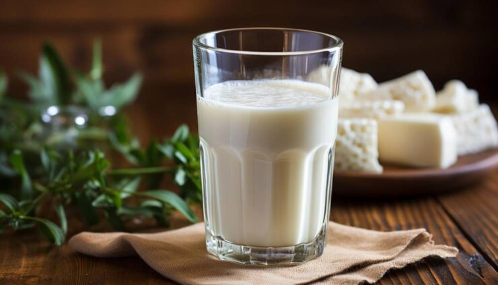 A glass of fermented milk sits on a cloth, with an assortment of cheeses and greenery in the background, creating a rustic setting.