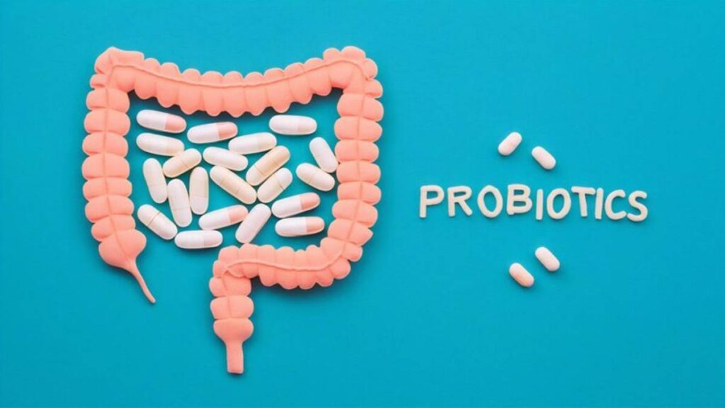 A colorful illustration depicting a shaped intestine filled with probiotic capsules, with the word 'PROBIOTICS' prominently displayed.