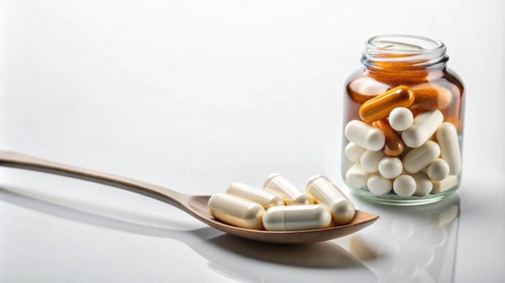 A wooden spoon holds several white capsules, beside a clear jar filled with assorted capsules on a light background.