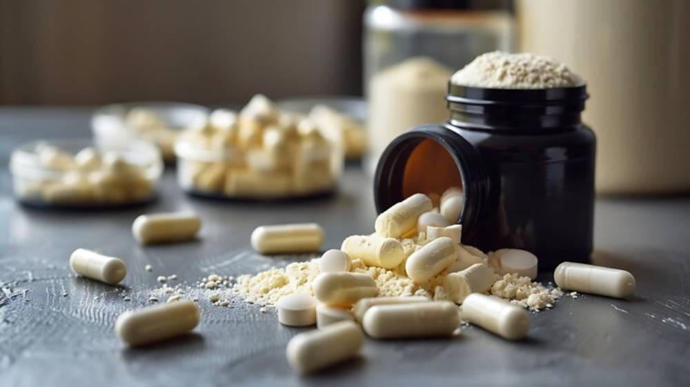 A black jar spills white capsules and powdered supplements on a dark surface, with more capsules in the background.