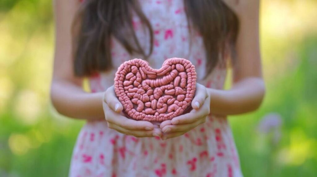 A girl in a pink floral dress holds a large, realistic, pink model of intestines in a lush green setting.