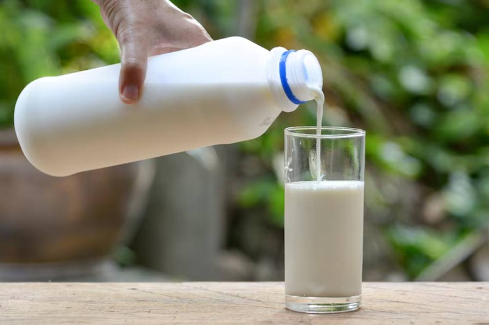 A hand pours fermented milk from a bottle into a tall glass, with greenery blurred in the background.